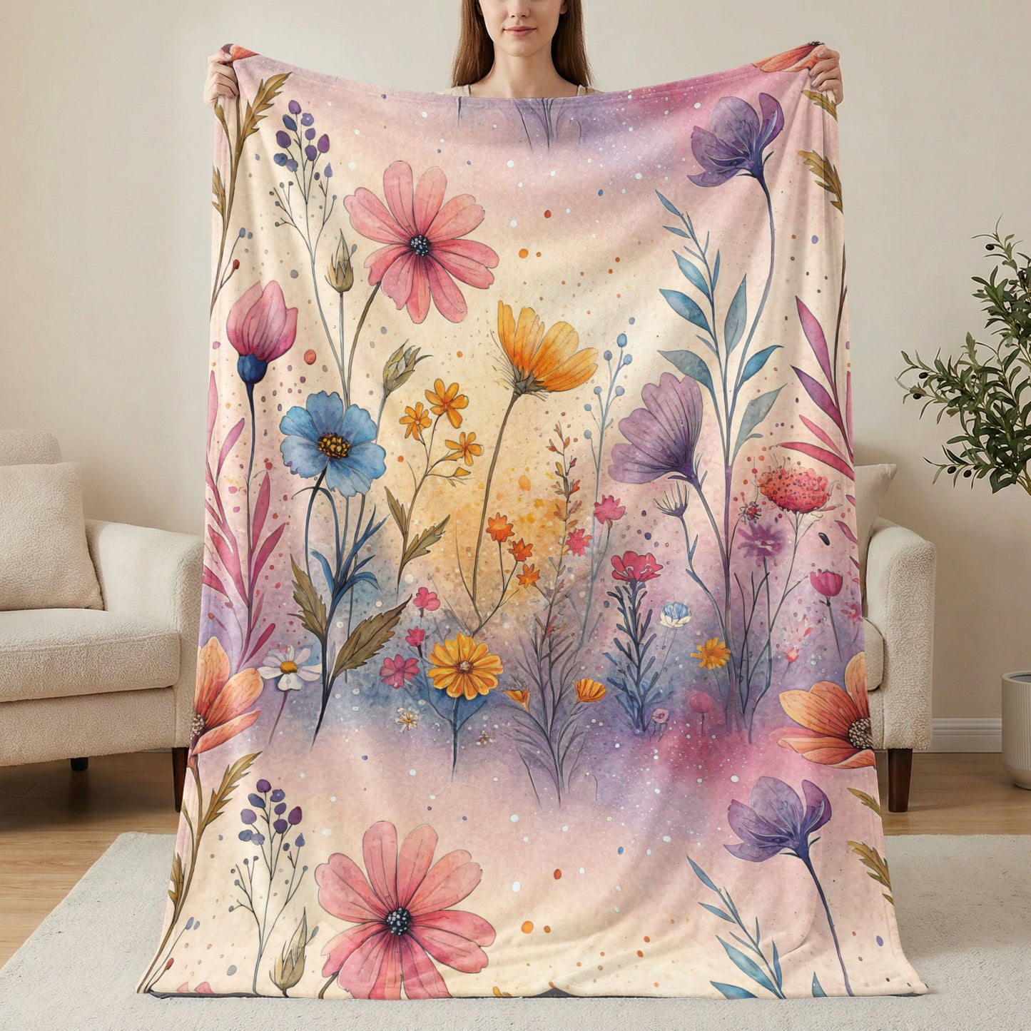 Watercolor Floral Garden Dream Artistic Velveteen Plush Blankets - Walk Greener