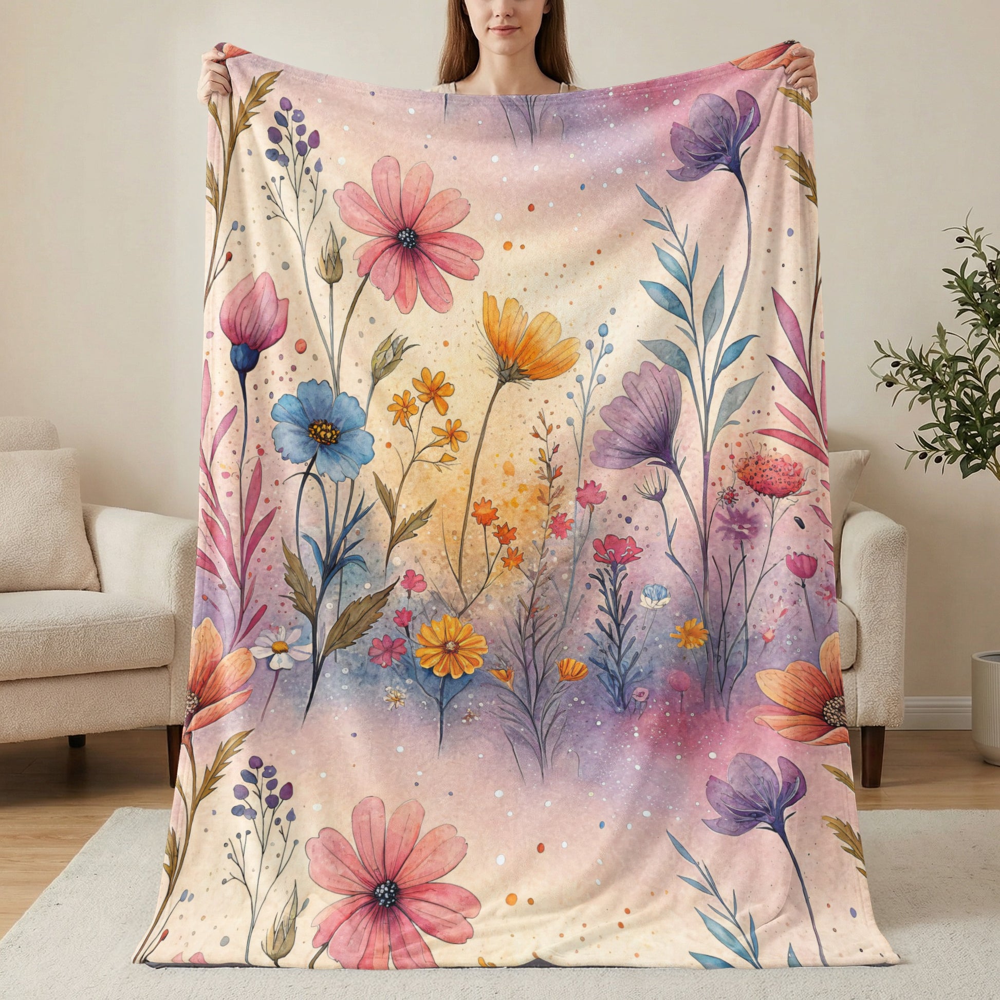 Watercolor Floral Garden Dream Artistic Velveteen Plush Blankets - Walk Greener