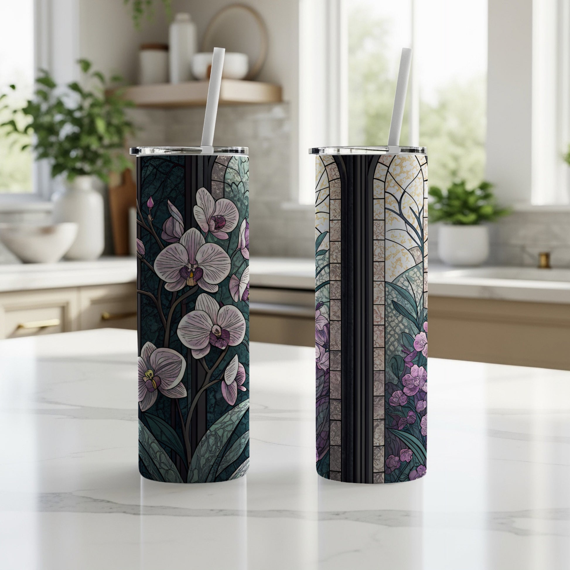 Stained Glass with Orchids and Blooms Pattern Art 20 oz Skinny Tumbler - Walk Greener