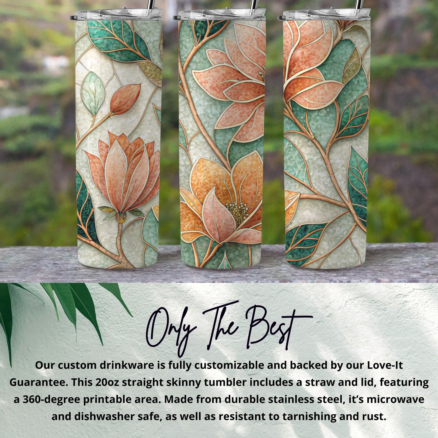 Peach and Green Flowers Artistic Pattern Beautiful 20 oz Skinny Tumbler - Walk Greener