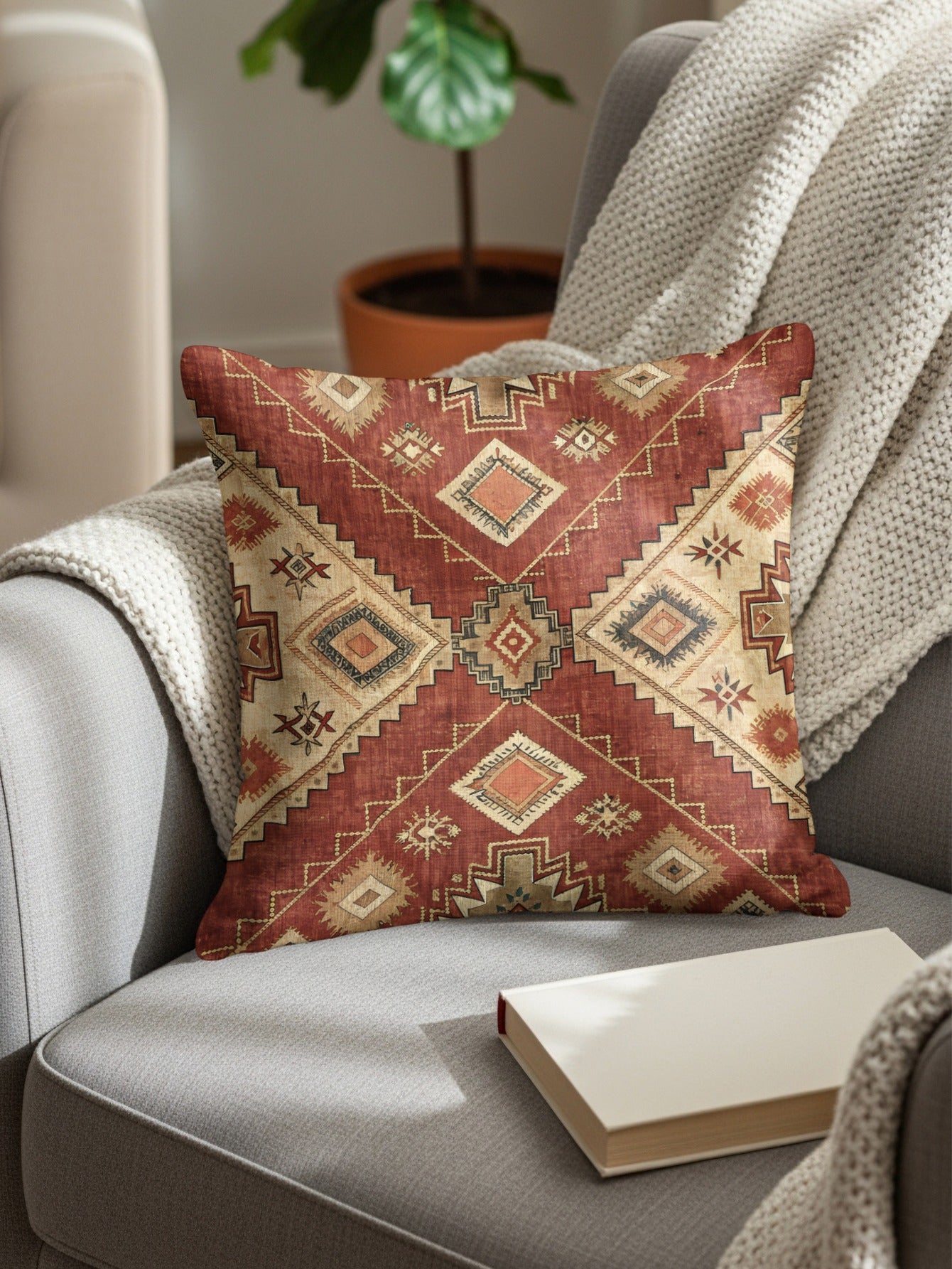 Ornate Geometric Red Pattern Decorative Pillow Cover