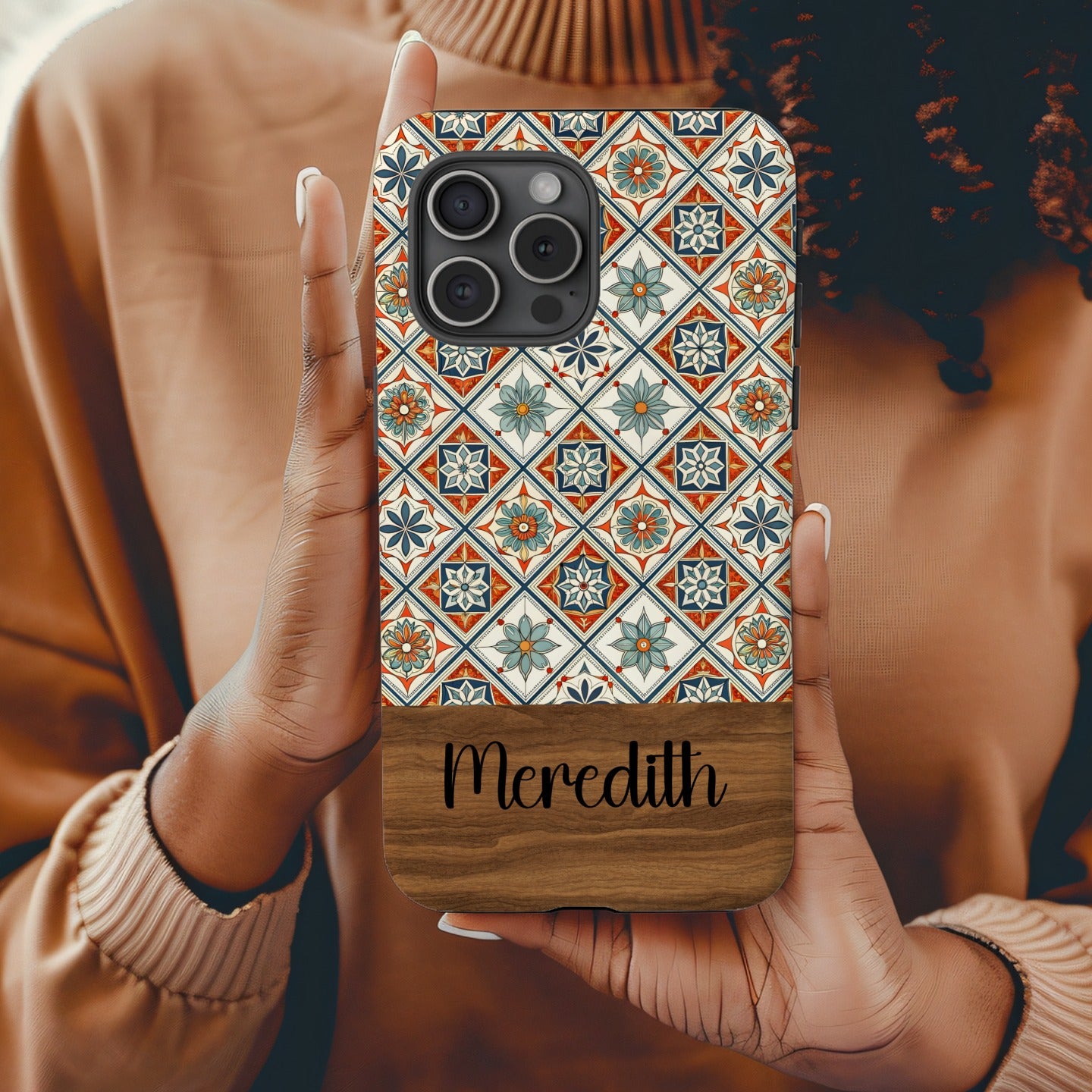Ornate Floral Pattern In Squares With Custom Name Phone Case - Walk Greener