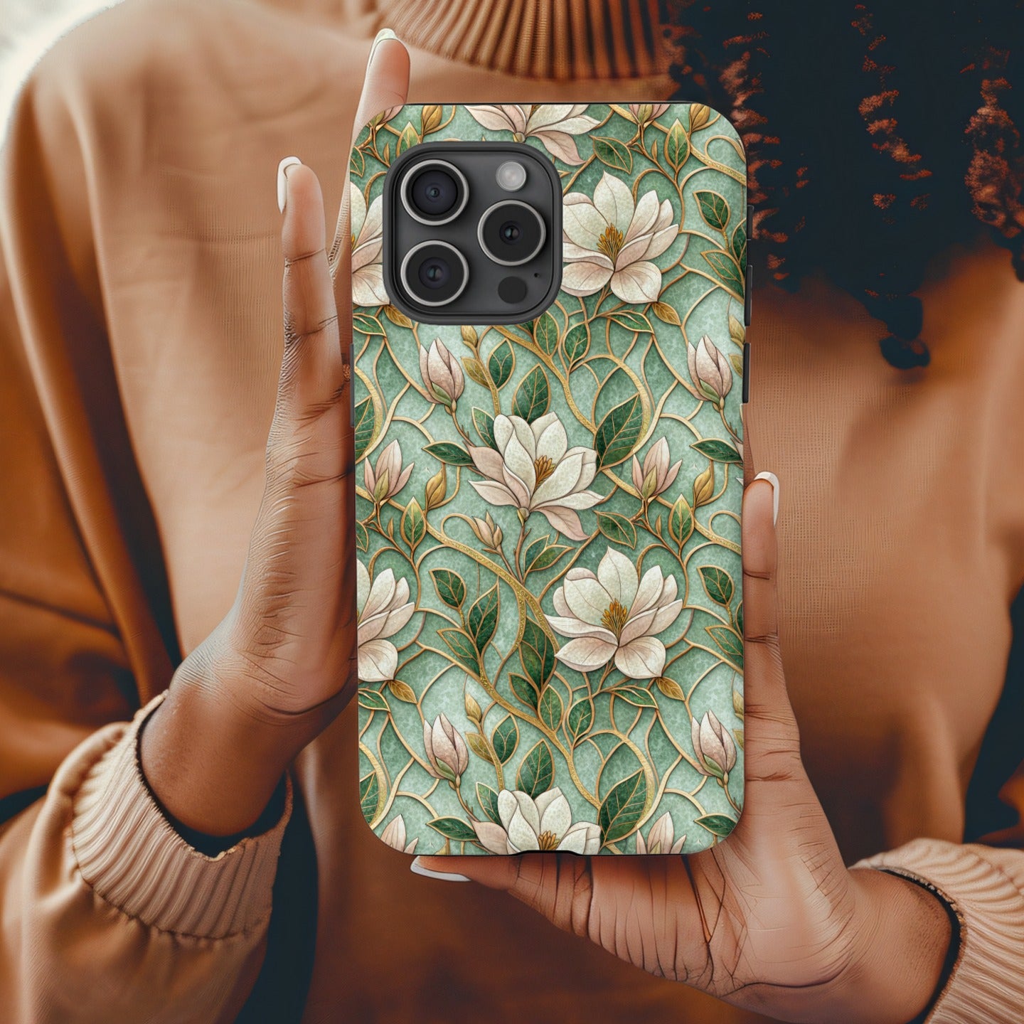 Floral Patterned iPhone Case with Green and Cream Colors