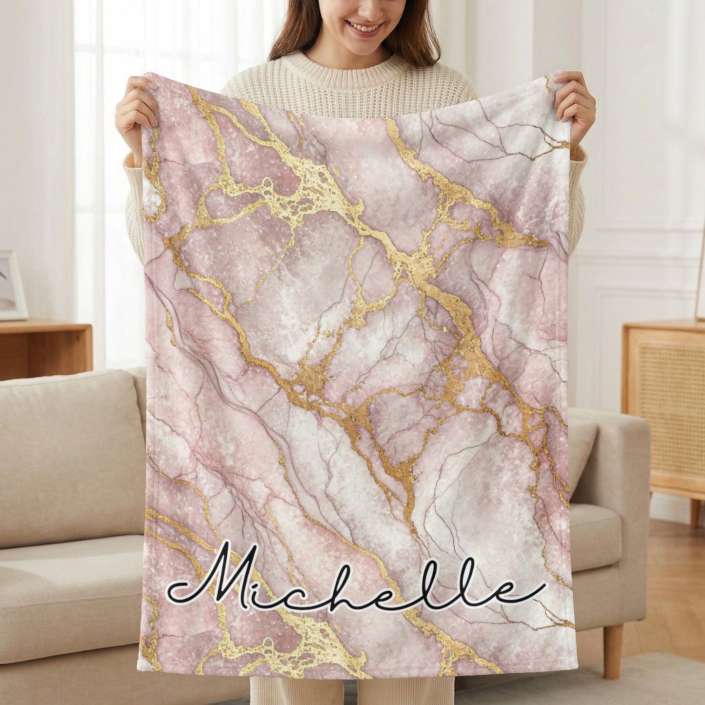 Pink Marble Personalized Style Custom Name Blanket - Walk Greener