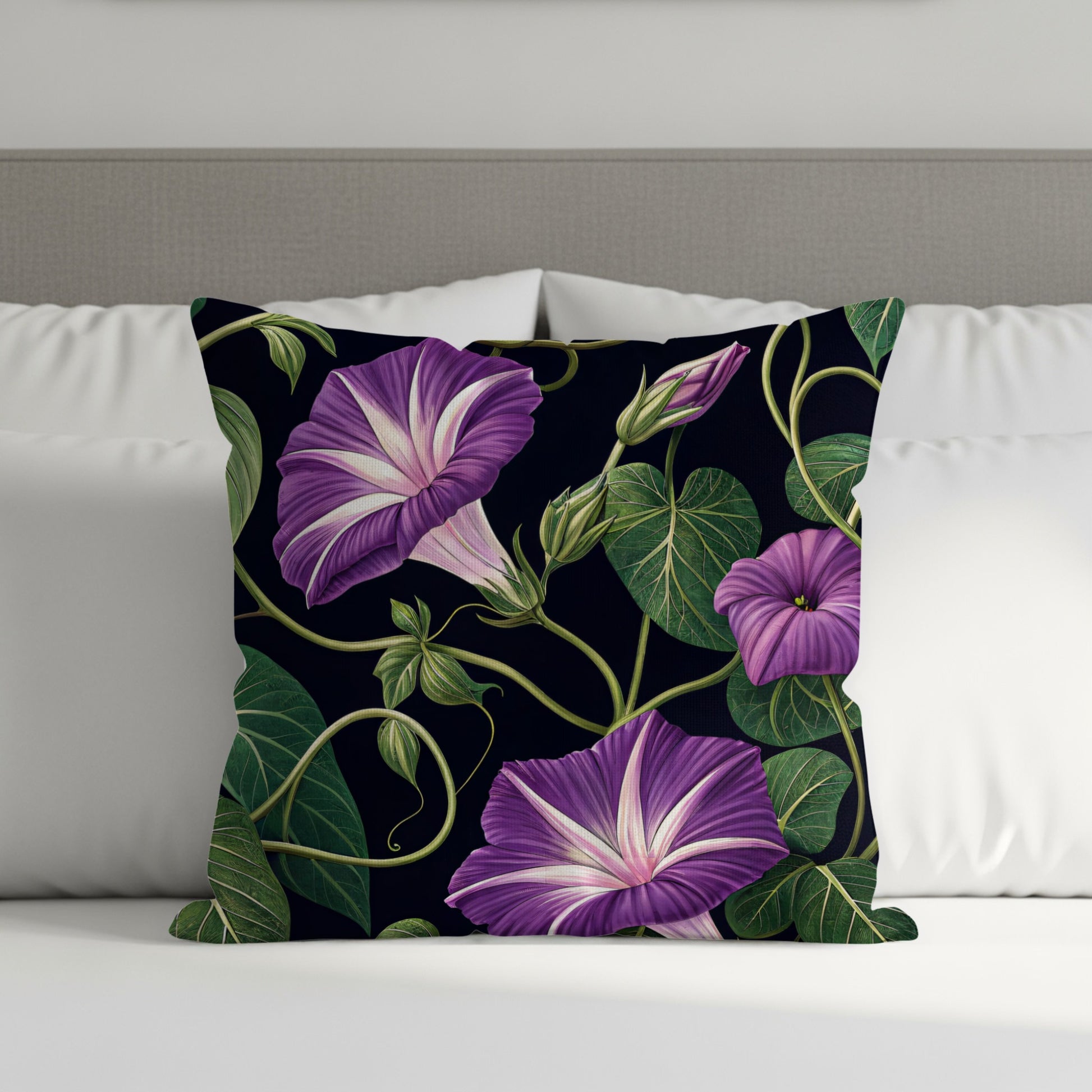 Detailed Purple Morning Glory Vine with Green Leaves Decorative Floral Throw Pillows - Walk Greener