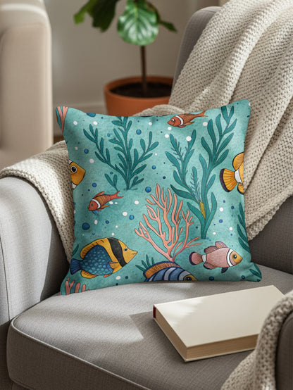 Decorative Cushion with Colorful Fish and Coral Design