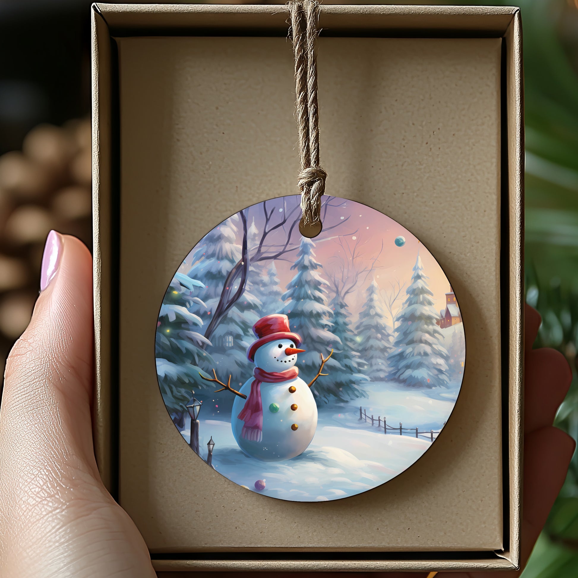 Festive Snowman and Pine Forest Christmas Ornament product