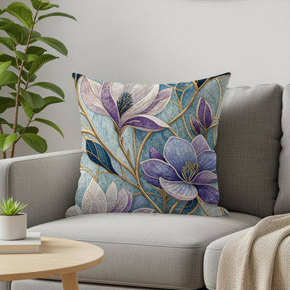 Elegant Floral Mosaic Blue and Purple Flowers Throw Pillows - Walk Greener