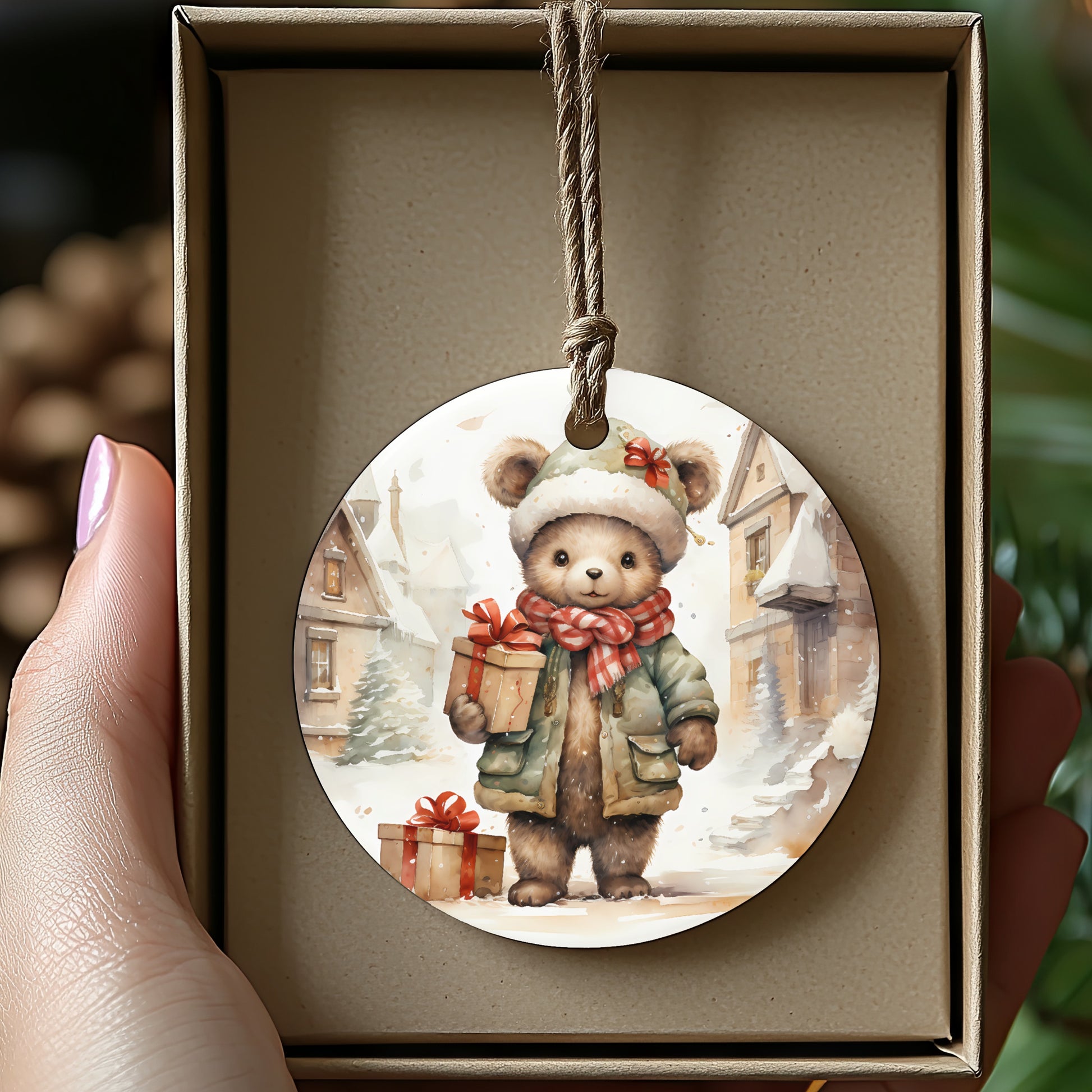 Adorable Bear with Present Christmas Ornament product type