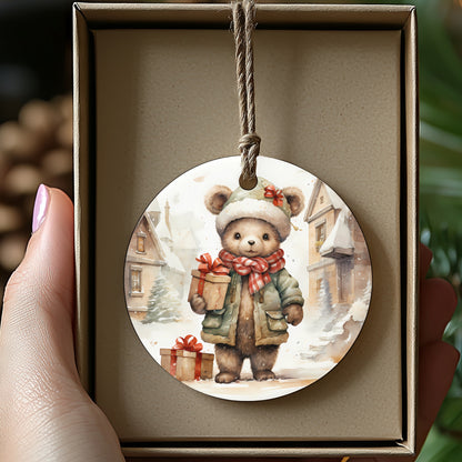 Adorable Bear with Present Christmas Ornament product type