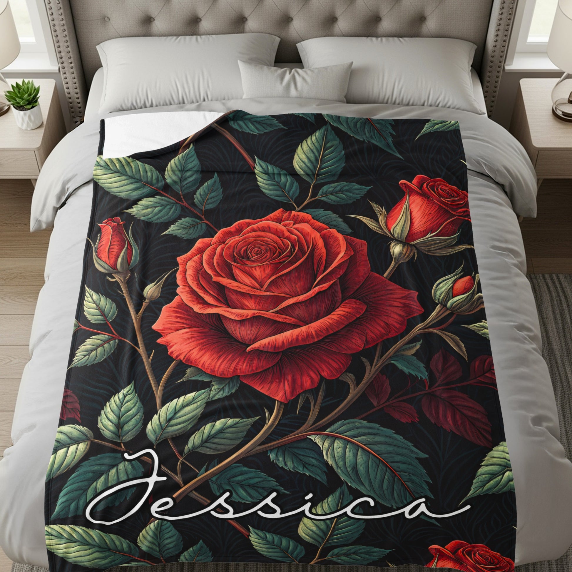 Red Roses With Leaves Custom Name Blankets Product - Walk Greener