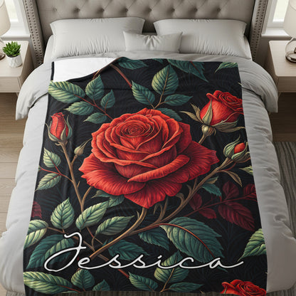 Red Roses With Leaves Custom Name Blankets Product - Walk Greener