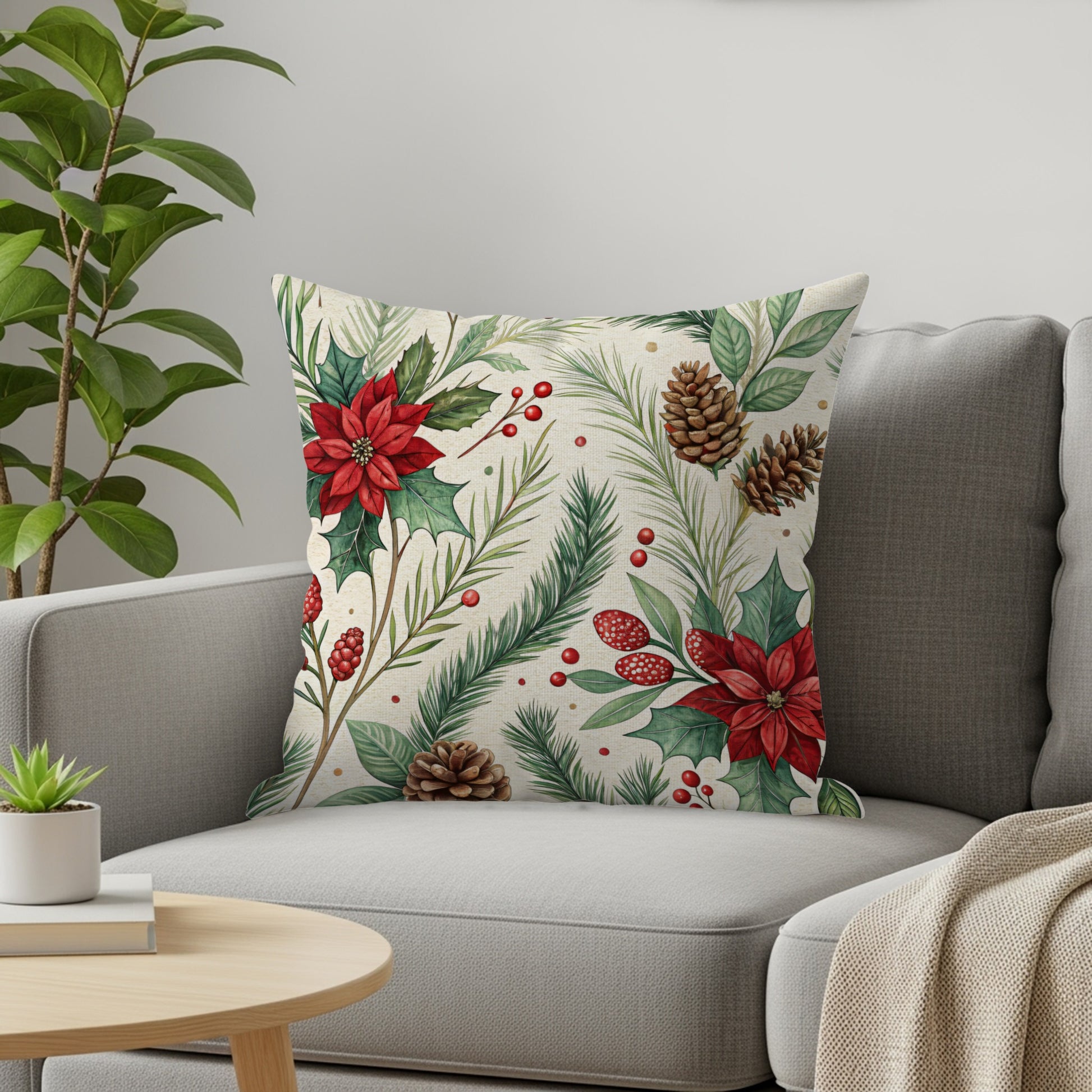 Festive Holiday Poinsettia and Pinecone Pillow product