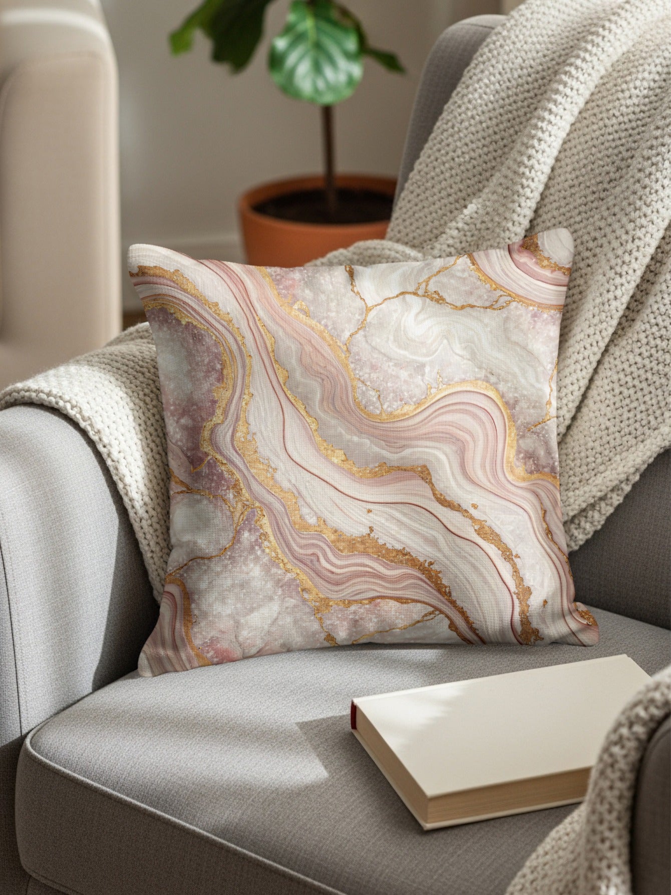 Elegant Marbled Gold Accented Design Throw Pillow