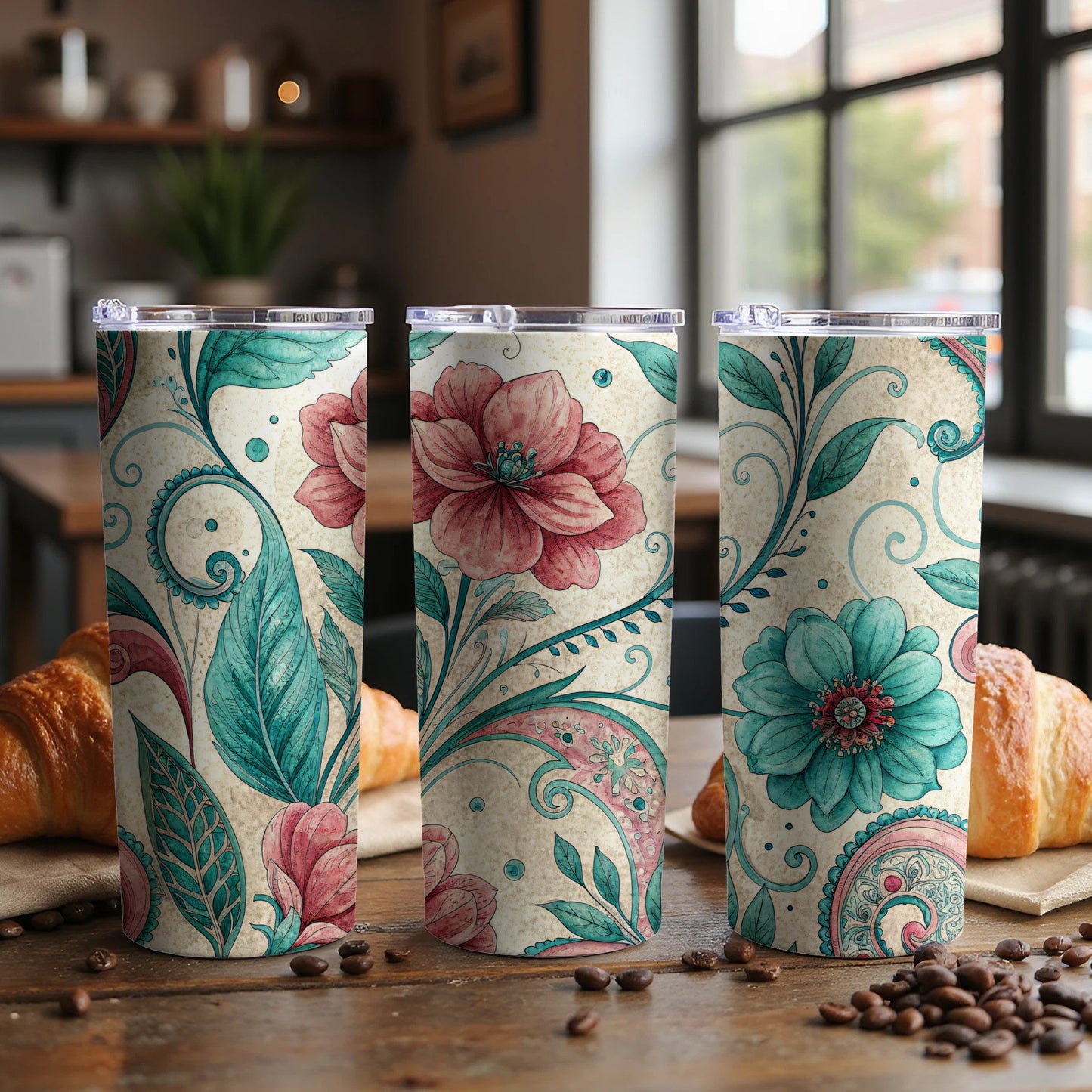 Floral Dreamscape Turquoise Crimson 20 oz Skinny Tumbler - Walk Greener