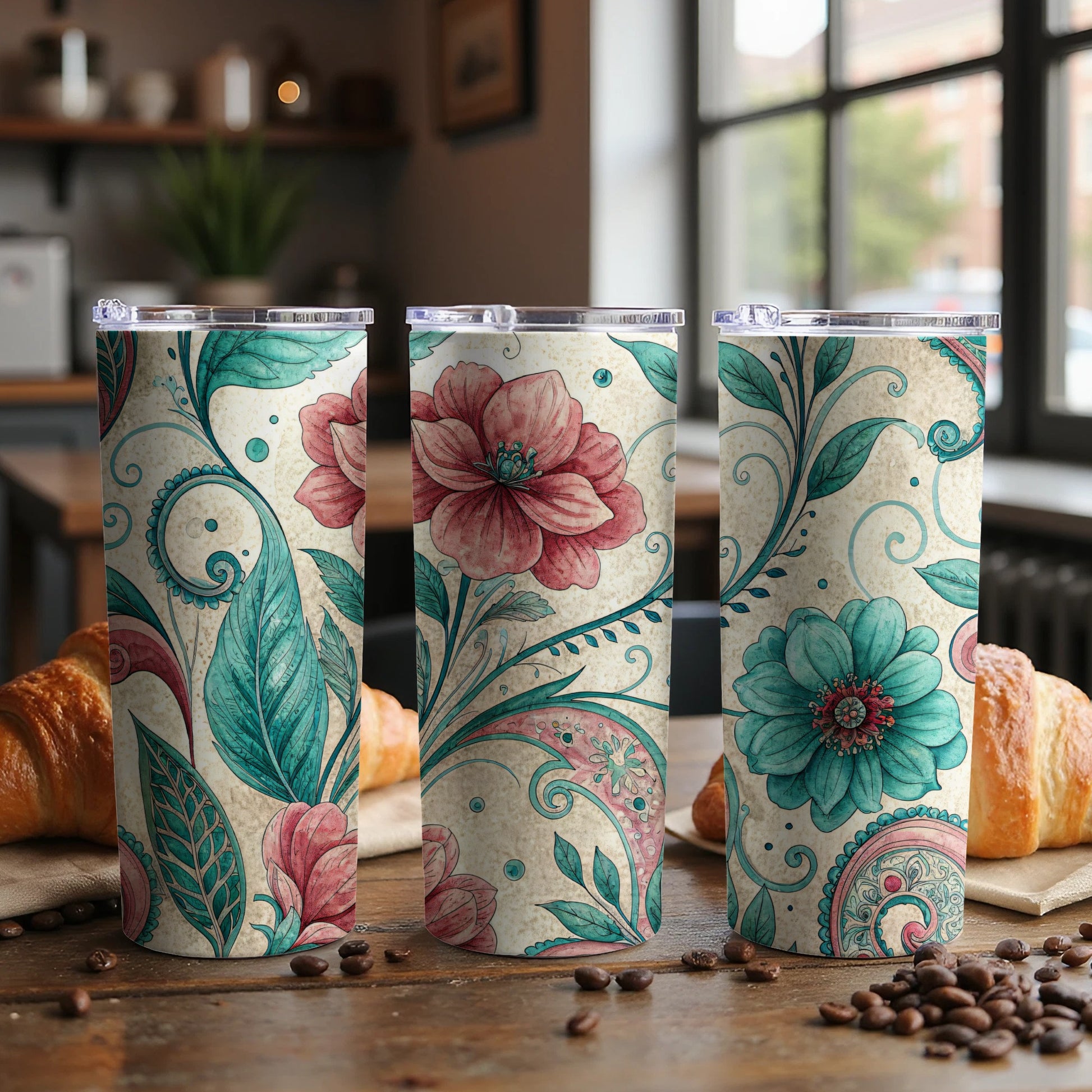Floral Dreamscape Turquoise Crimson 20 oz Skinny Tumbler - Walk Greener
