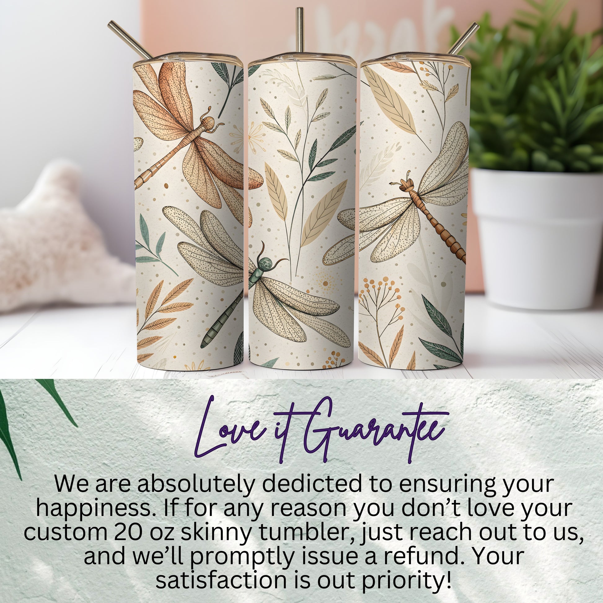 Custom 20 oz Skinny Tumbler with Dragonfly Design