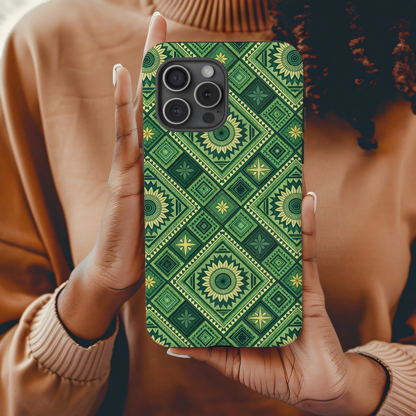 Geometric Green and Yellow Pattern with Custom Name Case - Walk Greener