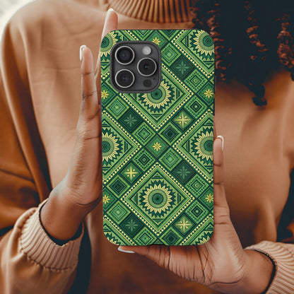 Geometric Green and Yellow Pattern with Custom Name Case - Walk Greener
