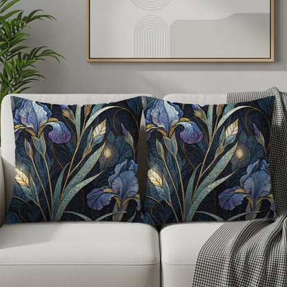 Elegant Iris Floral Pattern in Blue and Gold Throw Pillows - Walk Greener