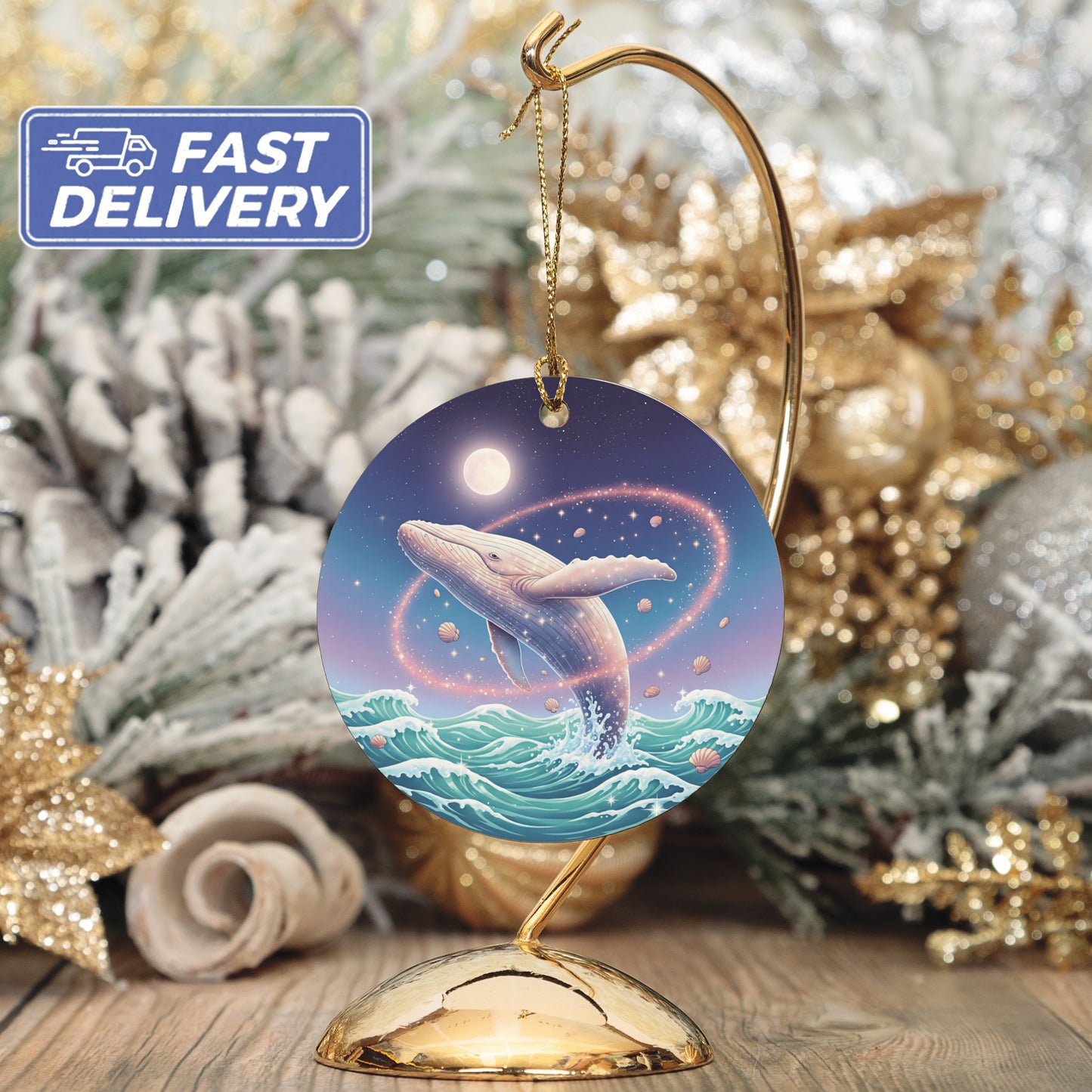 Beautiful Whale and Moon Holiday Ornament product
