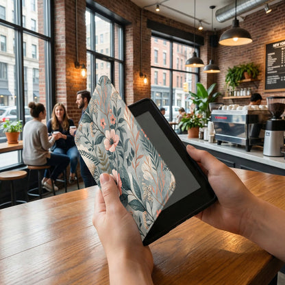Floral Pattern E-Reader Cover with Cafe Background Scene