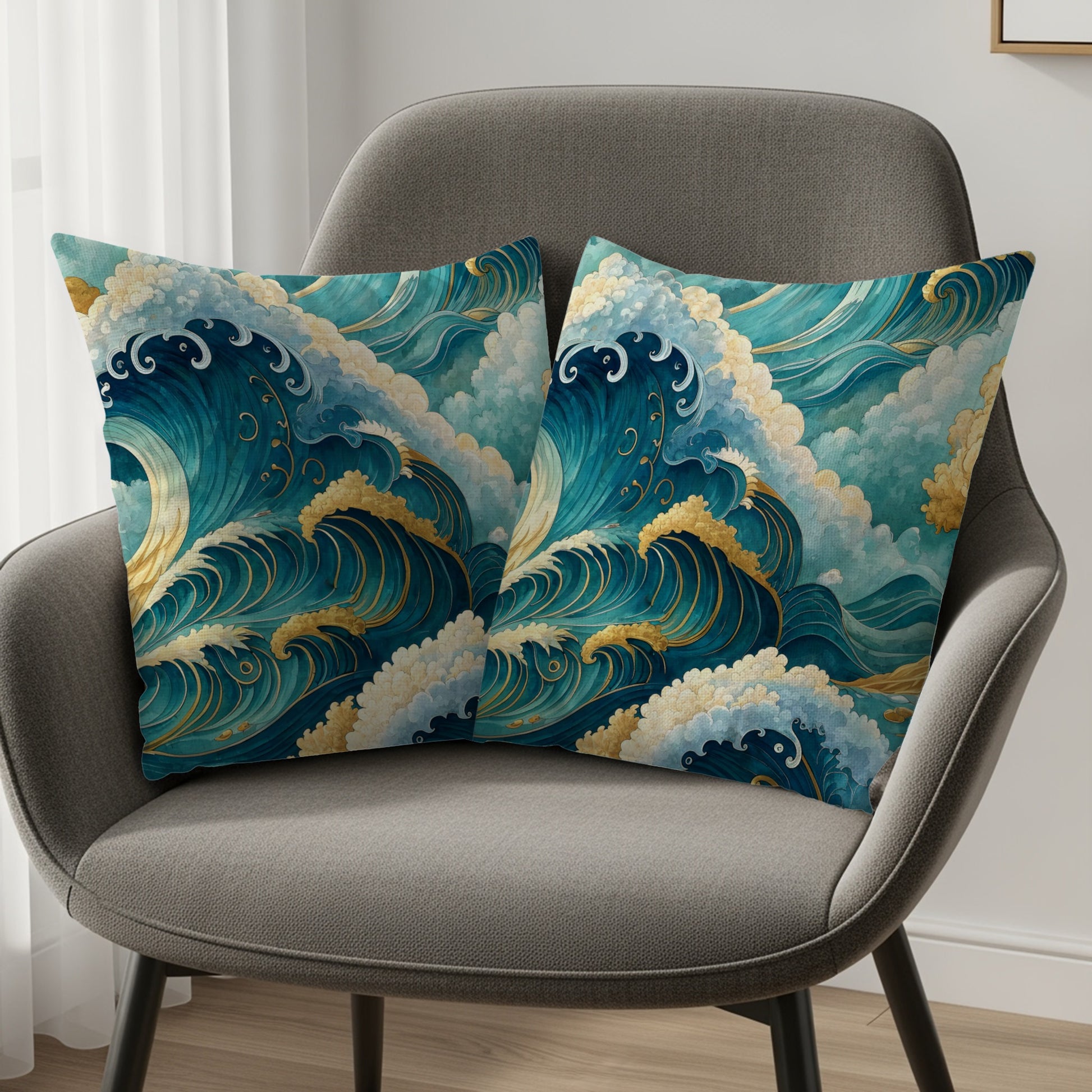 Japanese Inspired Artistic Ocean Waves Design Throw Pillows - Walk Greener