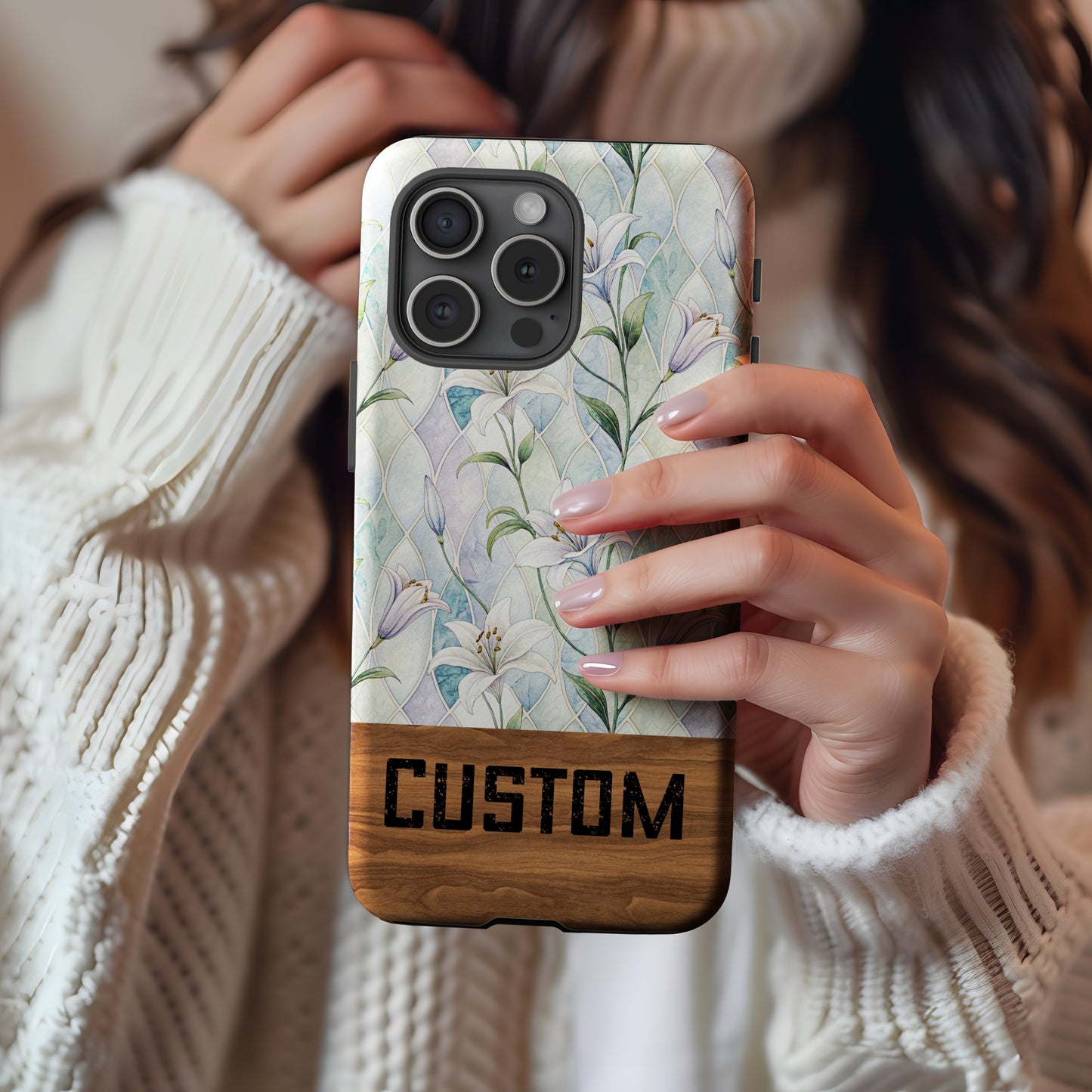 Custom Floral Design Phone Case with Wood Accent