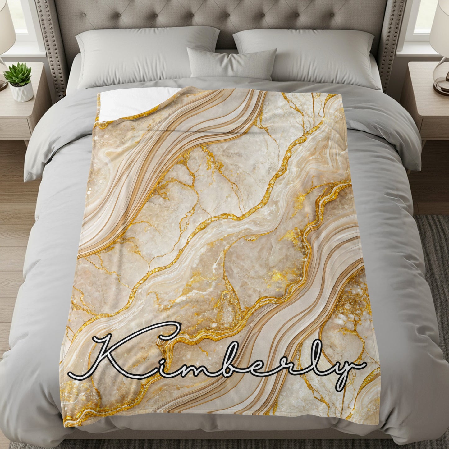 Elegant Gold Veined Marble Background Custom Name Blanket - Walk Greener