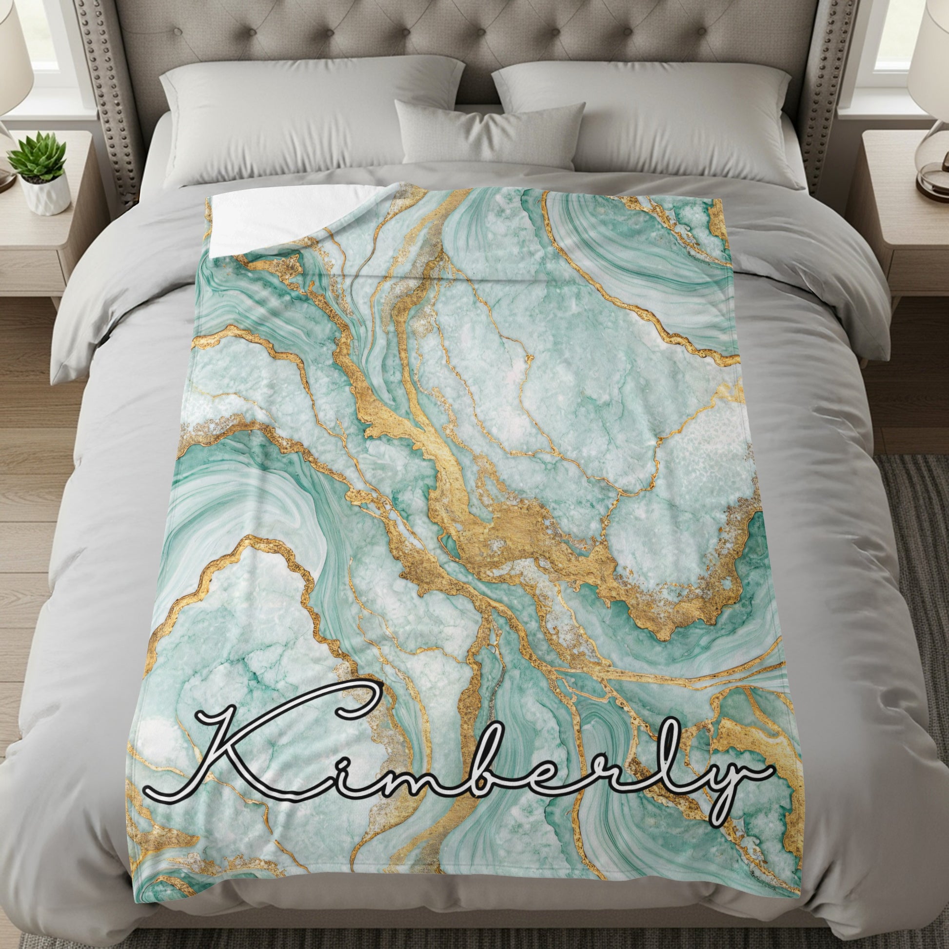 Personalized Marble and Gold Script Bedding Blanket