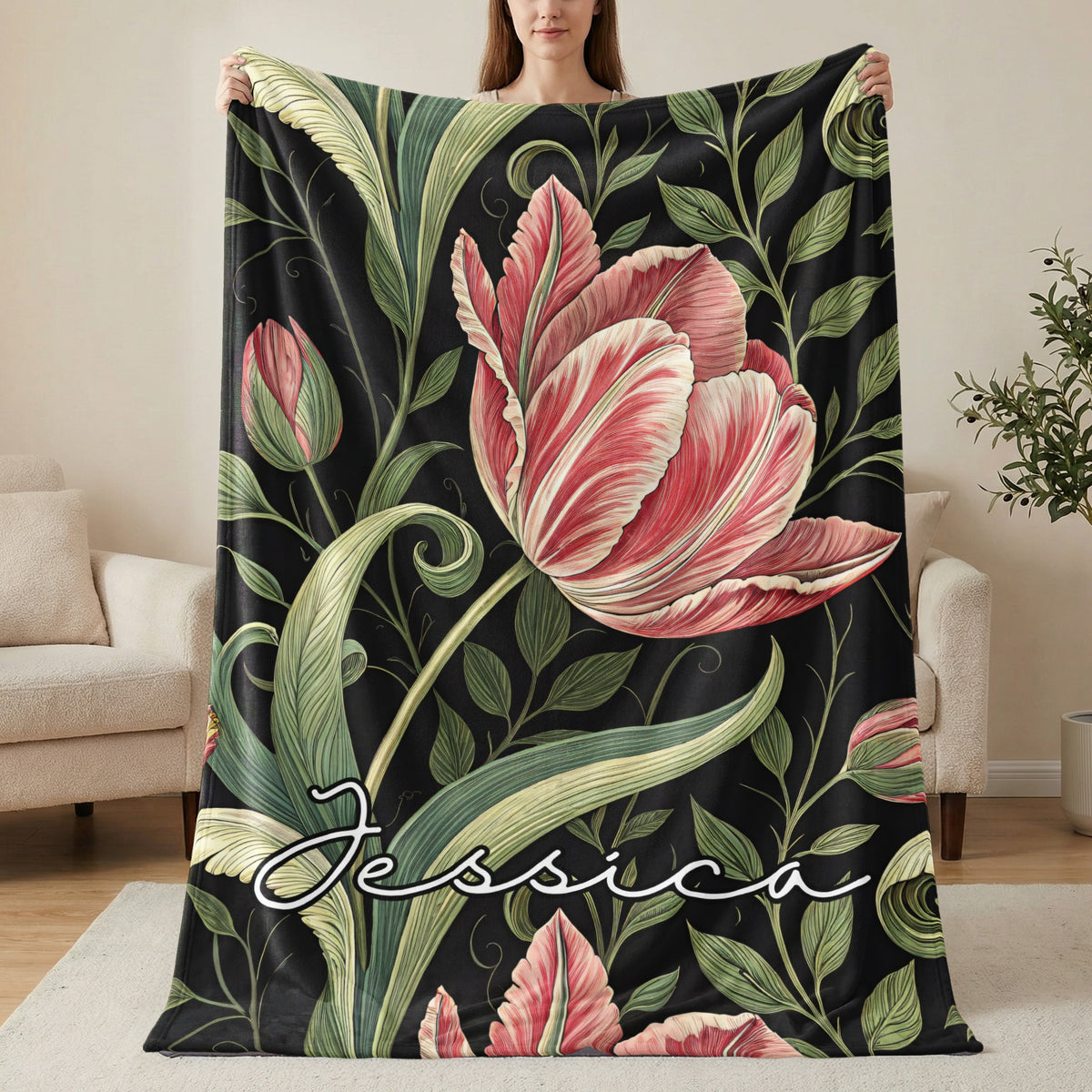 Personalized Floral Design Blanket with Jessica Name