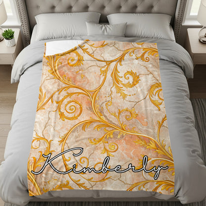 Gold Floral Swirls on Marble Custom Name Blanket - Walk Greener