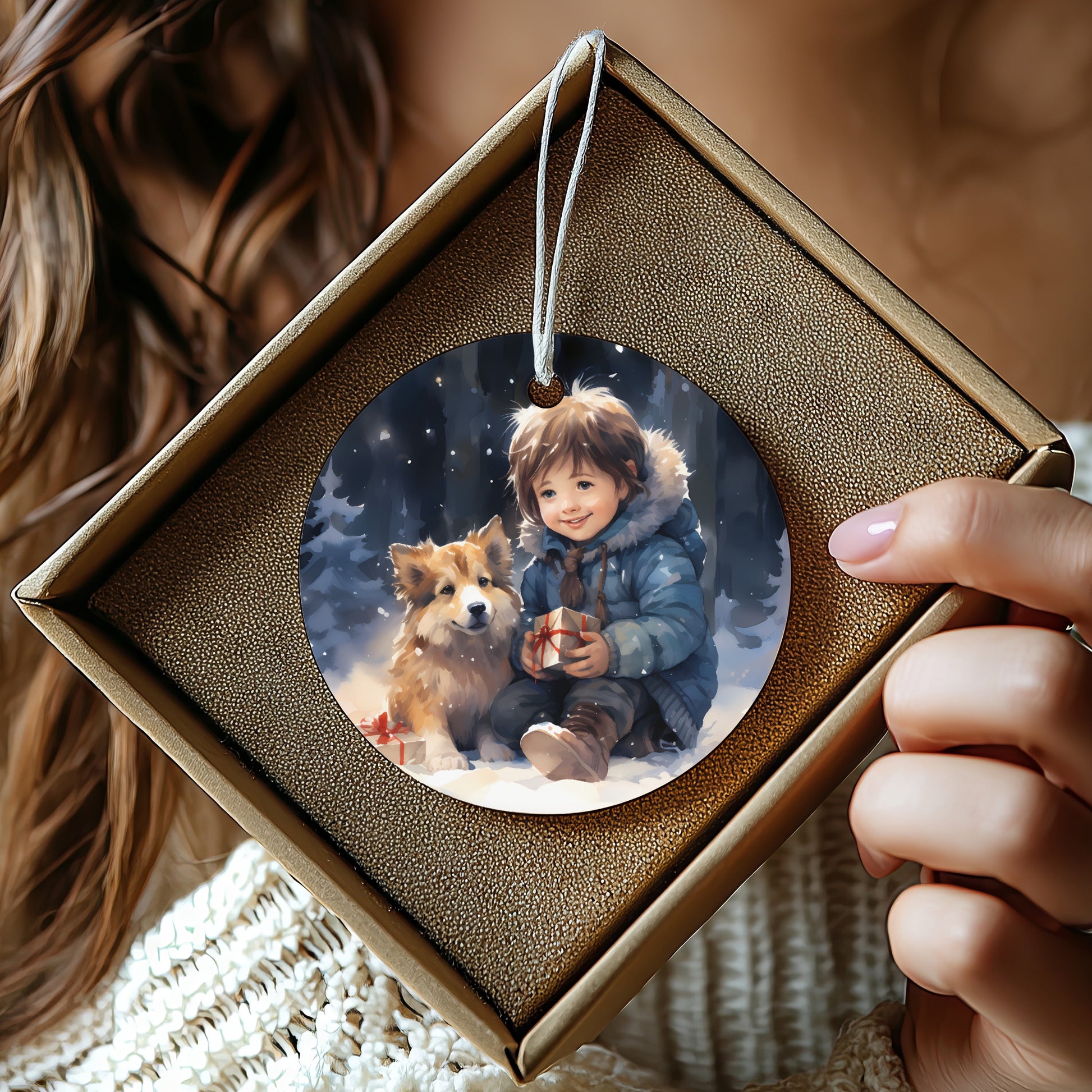 Cute Child and Dog Winter Scene Christmas Ornament product type