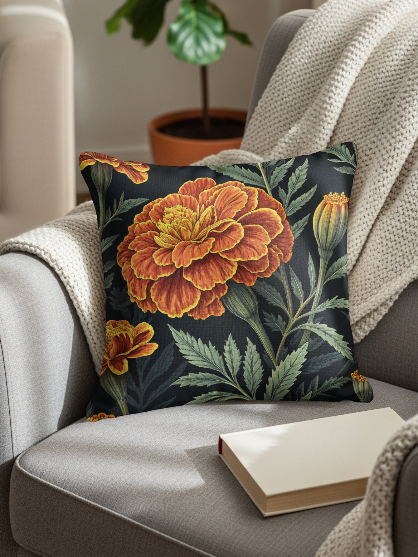 Vibrant Marigold Garden Art Deco Style Decorative Floral Throw Pillows - Walk Greener