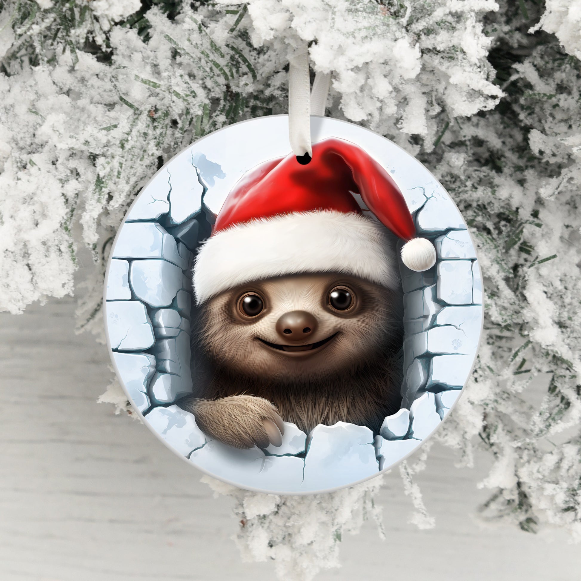 Adorable Sloth with Santa Hat Round Christmas Ornament product type