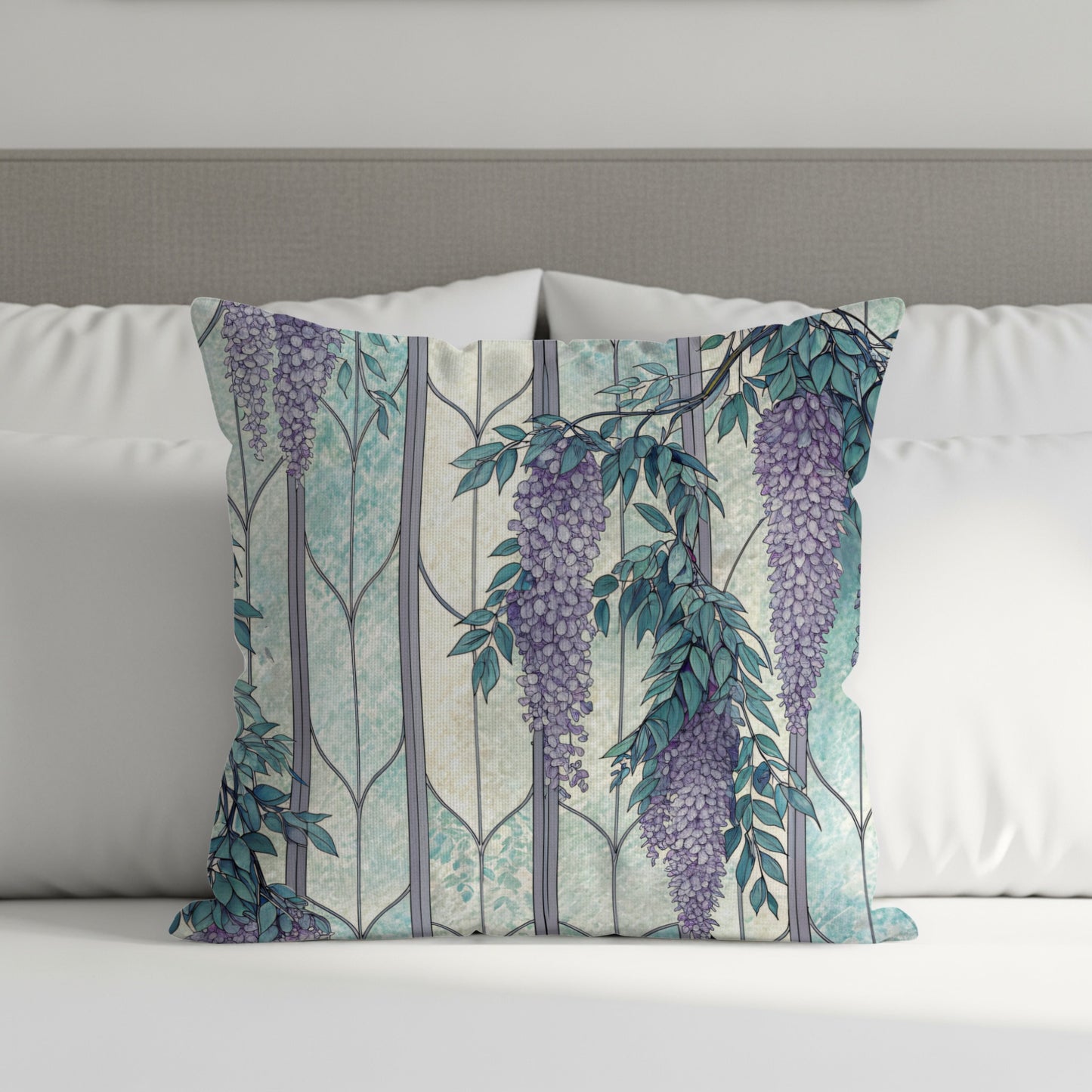 Wisteria Flowers Over Stained Glass Panels Pattern Throw Pillows - Walk Greener
