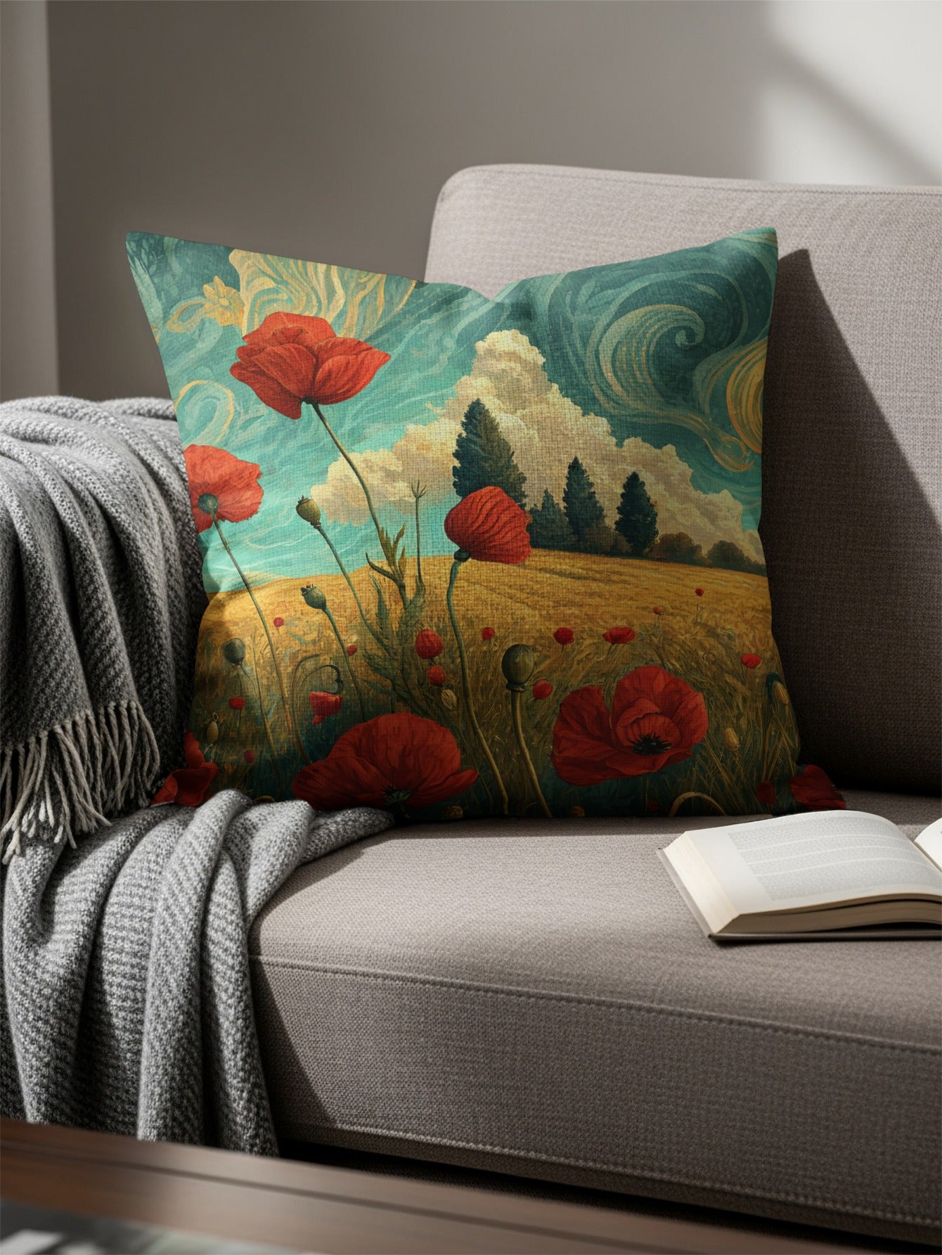Poppies On A Summer Day Landscape Art Throw Pillows - Walk Greener