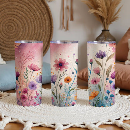Watercolor Flowers On The Meadow Pink Purple 20 oz Skinny Tumbler - Walk Greener