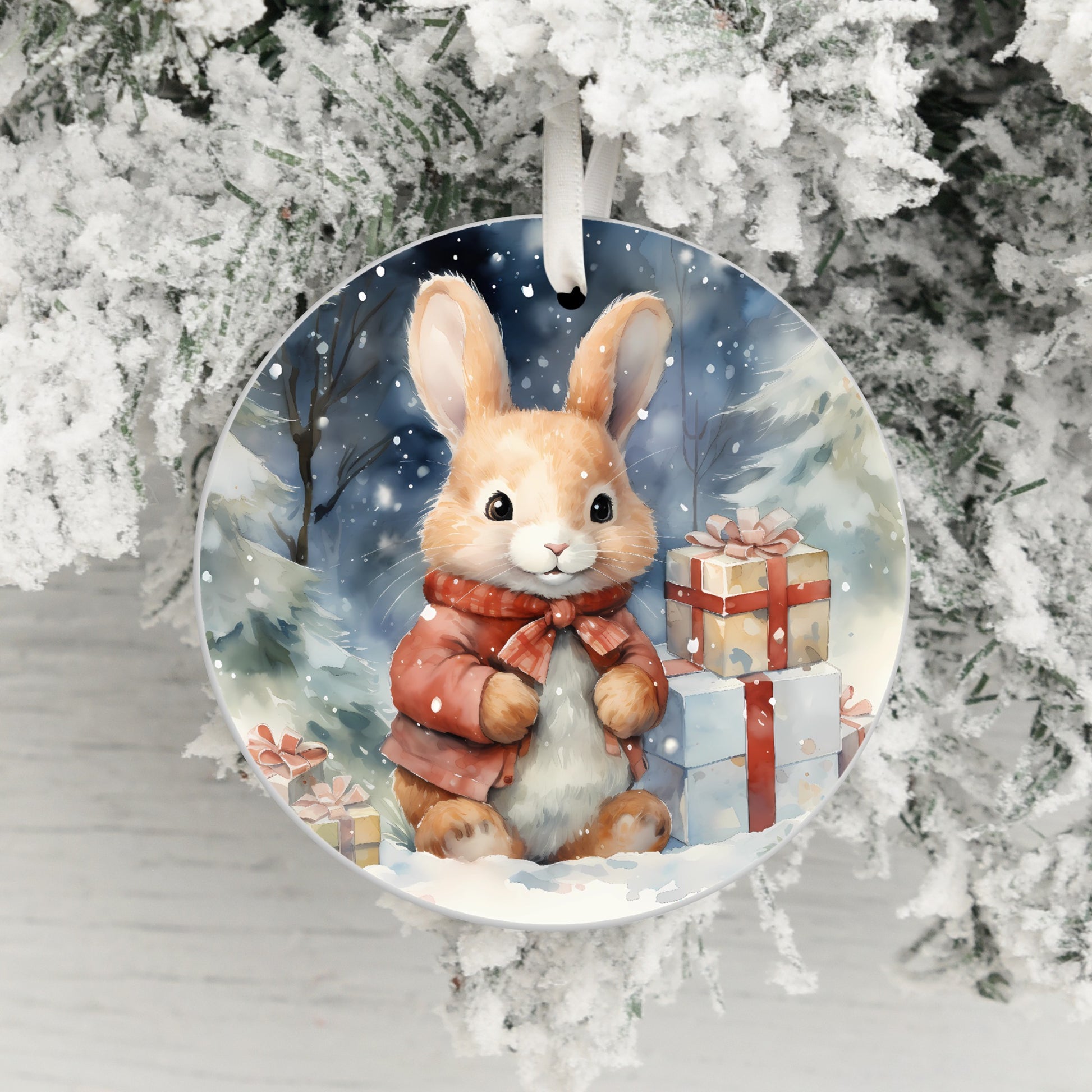 Festive Bunny with Presents Christmas Ornament product