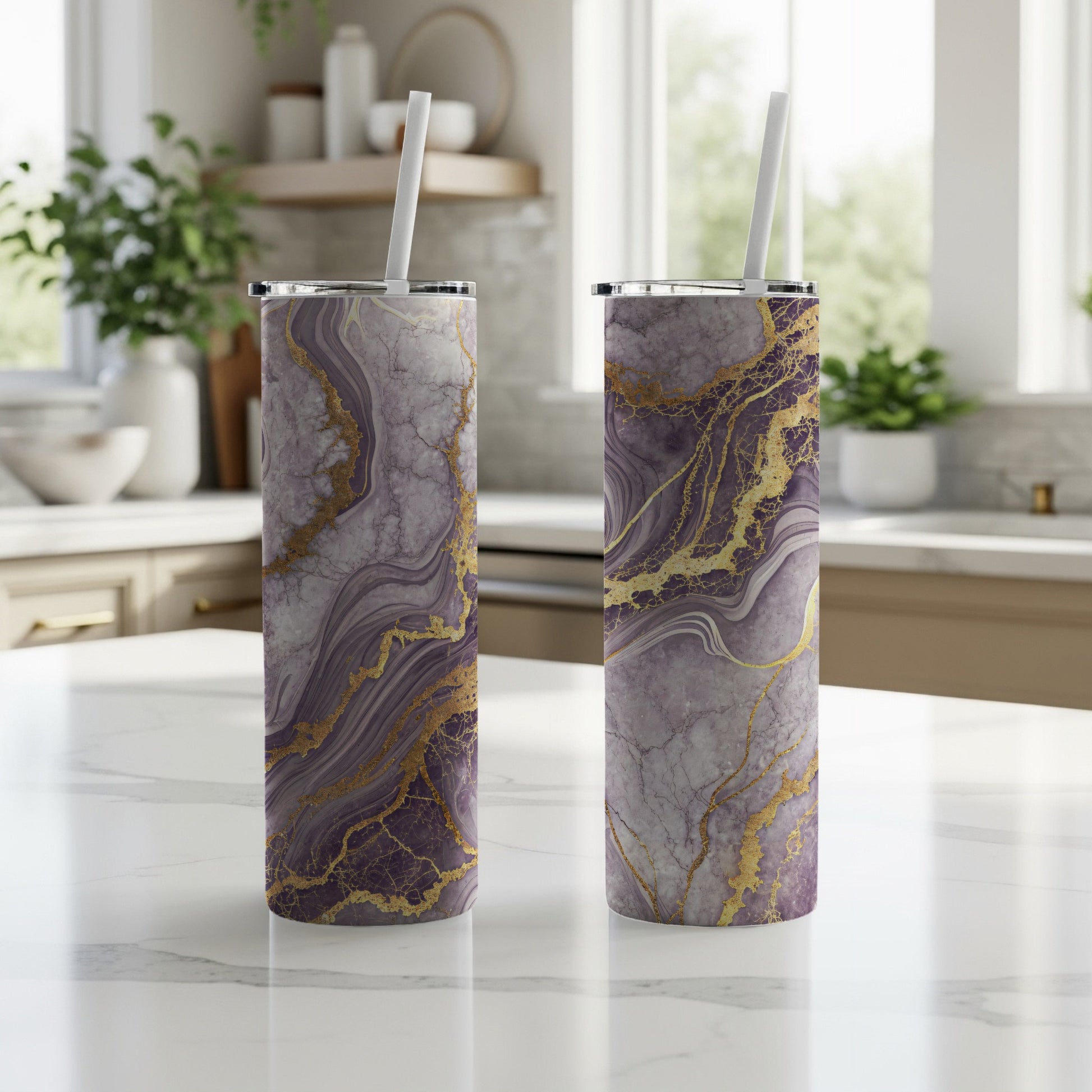 Marble Effect Purple and Gold Insulated Tumbler Cup