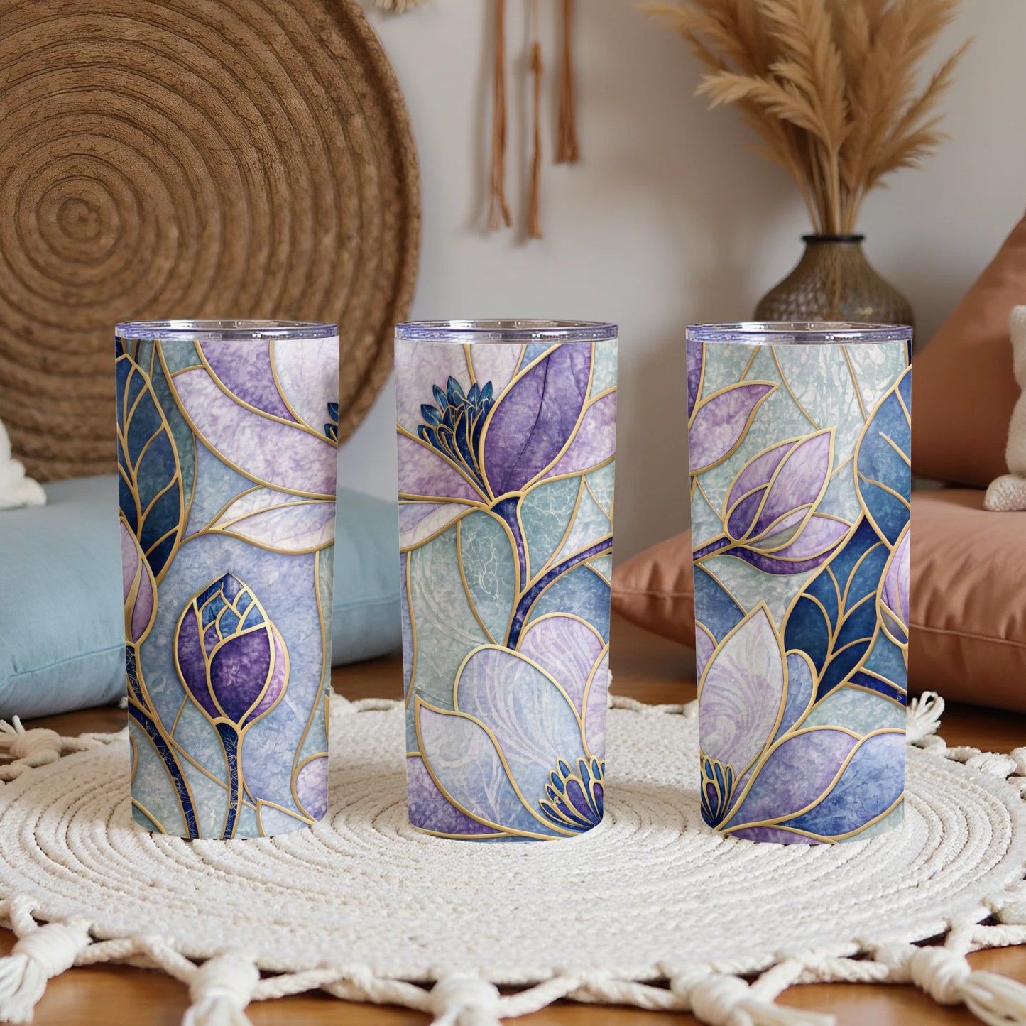 Elegant Floral Stained Glass Design 20 oz Skinny Tumbler - Walk Greener