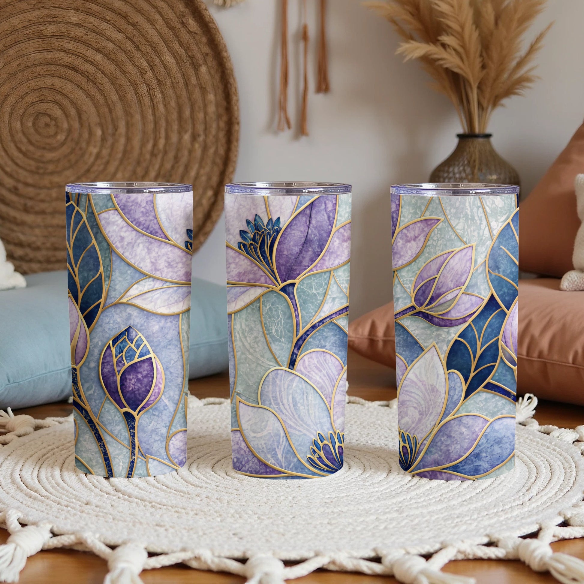 Elegant Floral Stained Glass Design 20 oz Skinny Tumbler - Walk Greener
