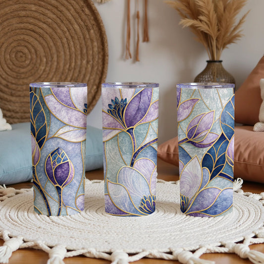 Elegant Floral Stained Glass Design 20 oz Skinny Tumbler - Walk Greener