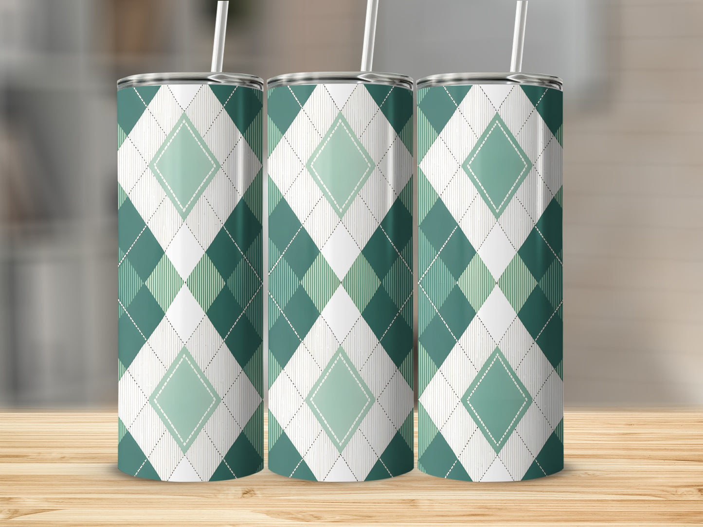 Argyle Pattern with Green and White Squares Design Tumbler - Walk Greener