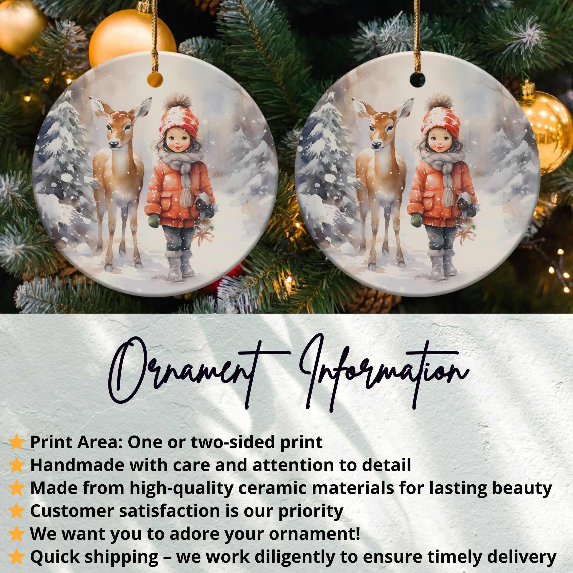 Festive Child and Reindeer Holiday Ornament product
