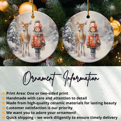 Festive Child and Reindeer Holiday Ornament product