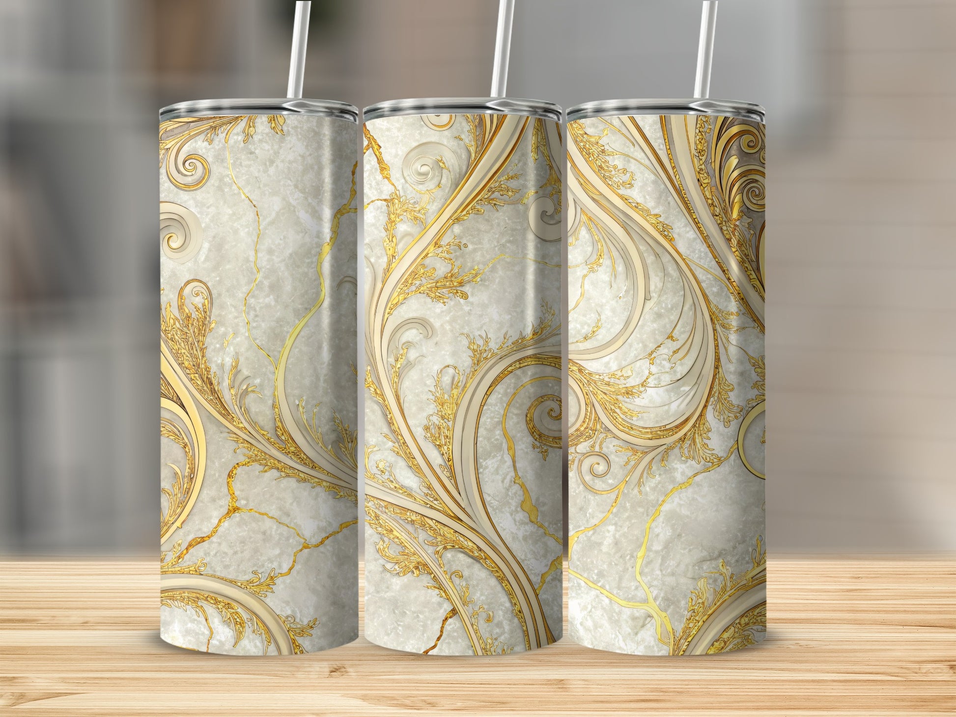 Elegant Golden Swirls White Marble Print Tumbler