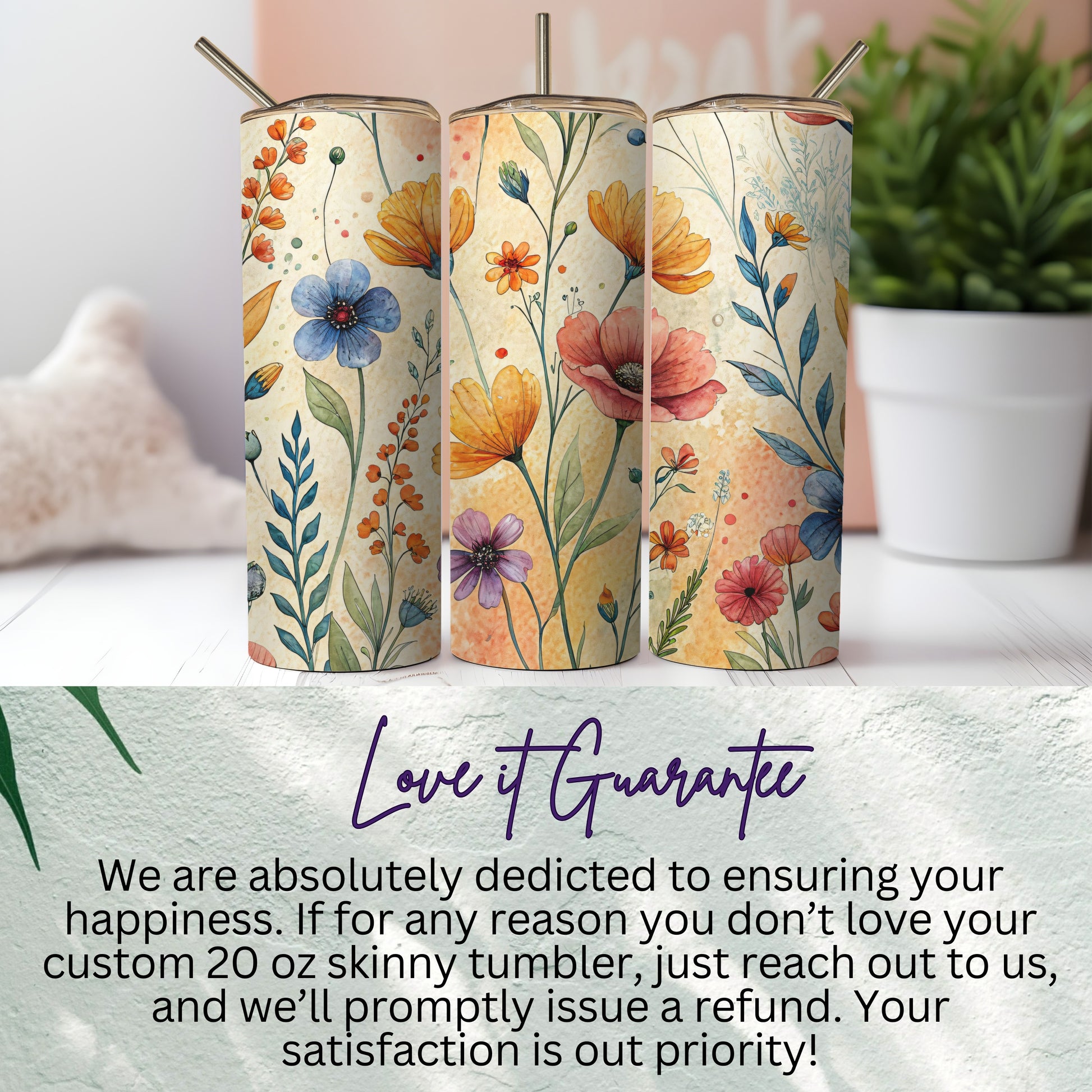 Watercolor Floral Design Colorful Flowers 20 oz Skinny Tumbler - Walk Greener