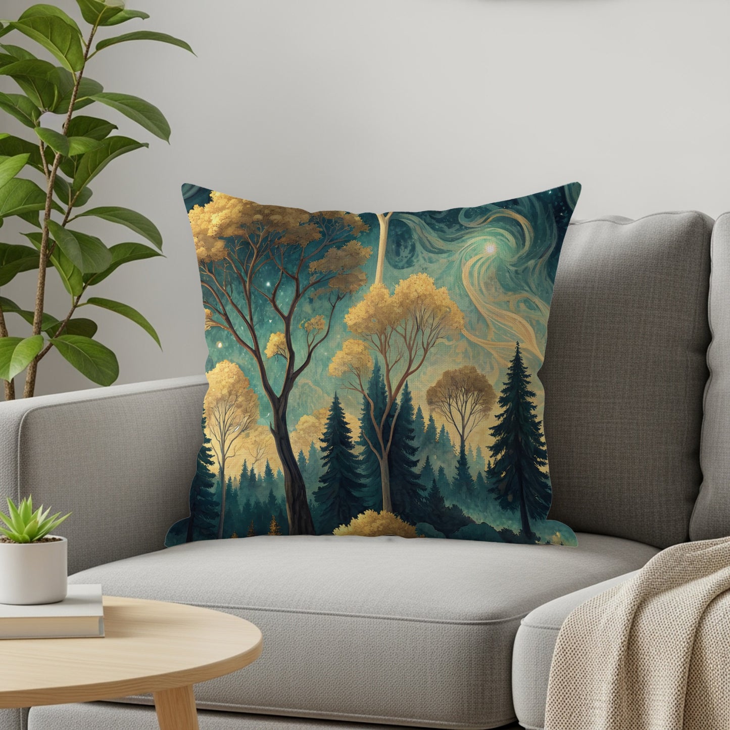 Enchanting Forest Pillow with Golden Trees and Starry Sky