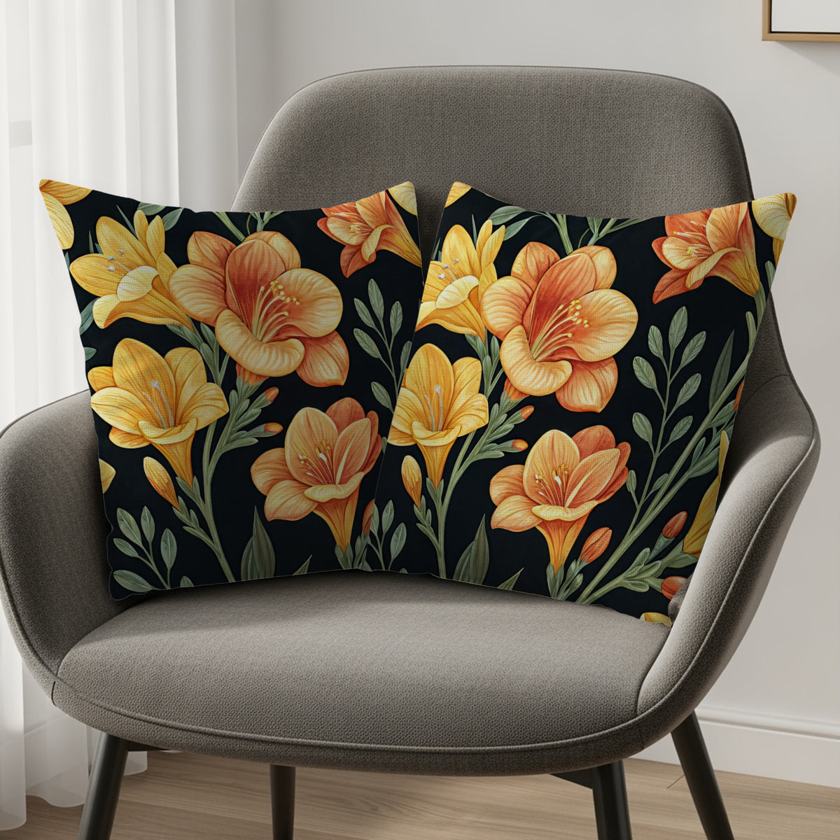 Yellow Orange Floral Pattern Dark Background Decorative Floral Throw Pillows - Walk Greener